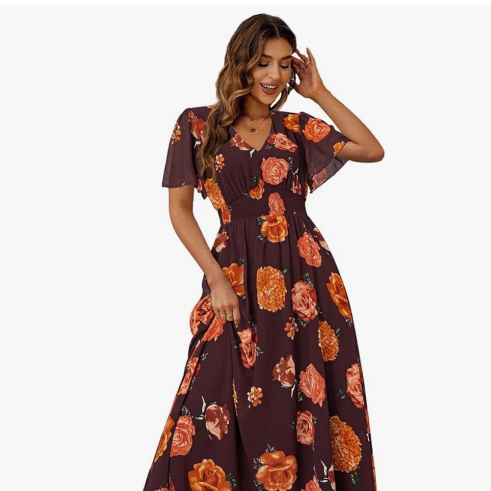 Simplee Apparel Floral Maxi Dress in Orange and Brown